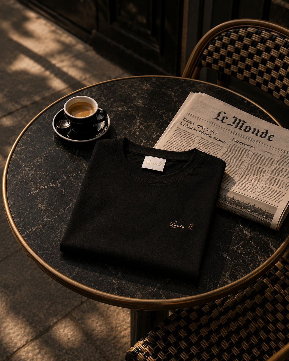 T-shirt noir premium Louis.R avec logo doré autour d'un café pour débuter la journeé en excellence.