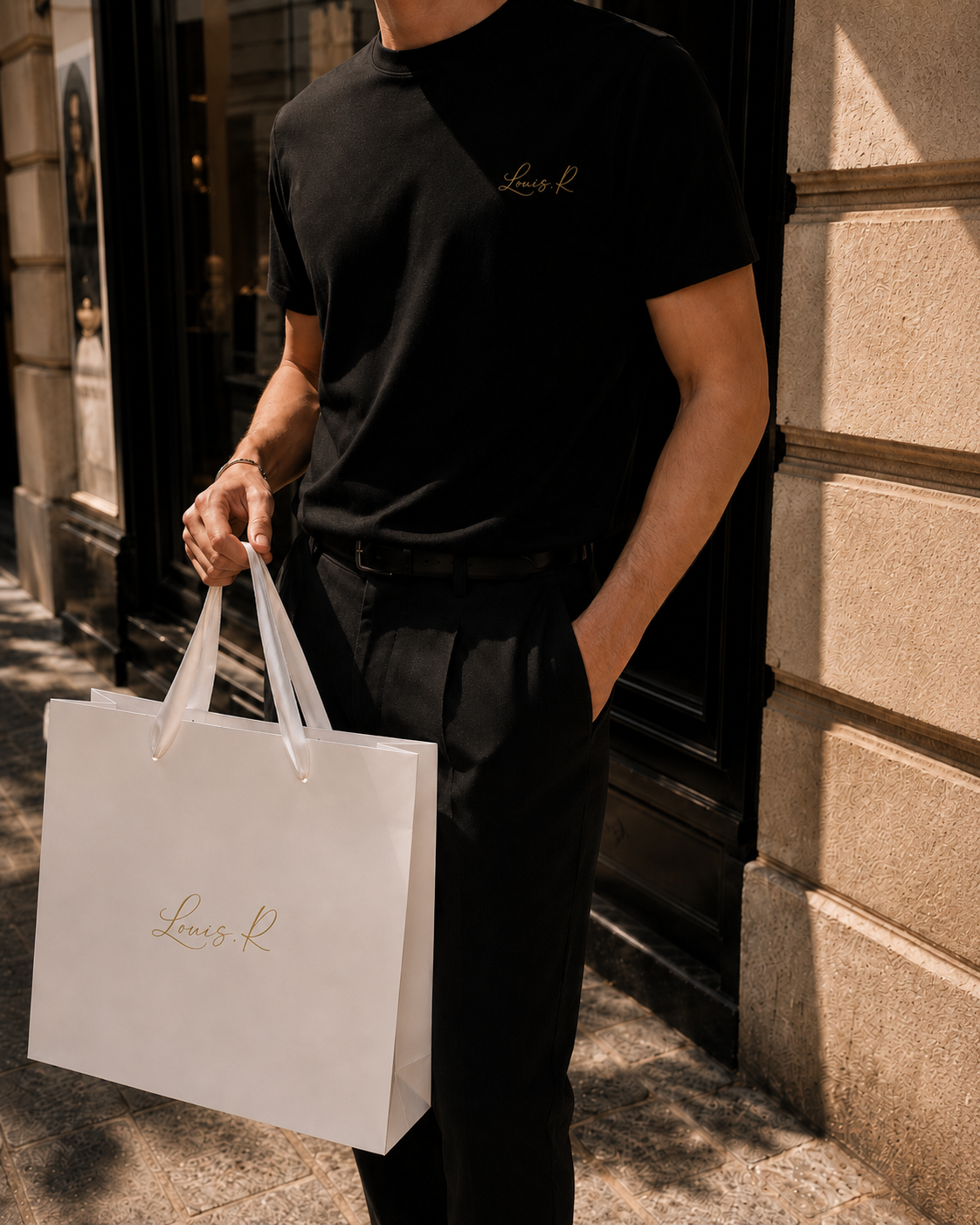 Un homme portant le T shirt noir Louis.R avec un ensemble total noir et son packaging afin de ressortir davantage le logo doré.